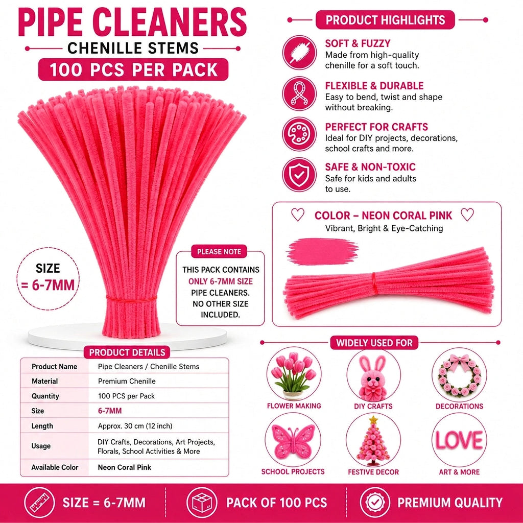 Premium Pipe Cleaners (8MM Approx.) (Neon Coral Pink)
