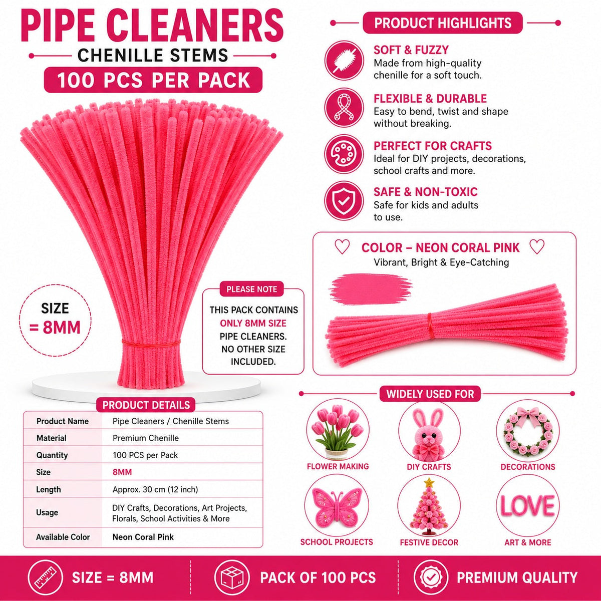 Premium Pipe Cleaners (8MM Approx.) (Neon Coral Pink)