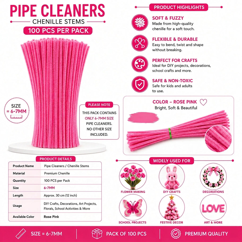 Premium Pipe Cleaners (8MM Approx.) (Rose Pink)