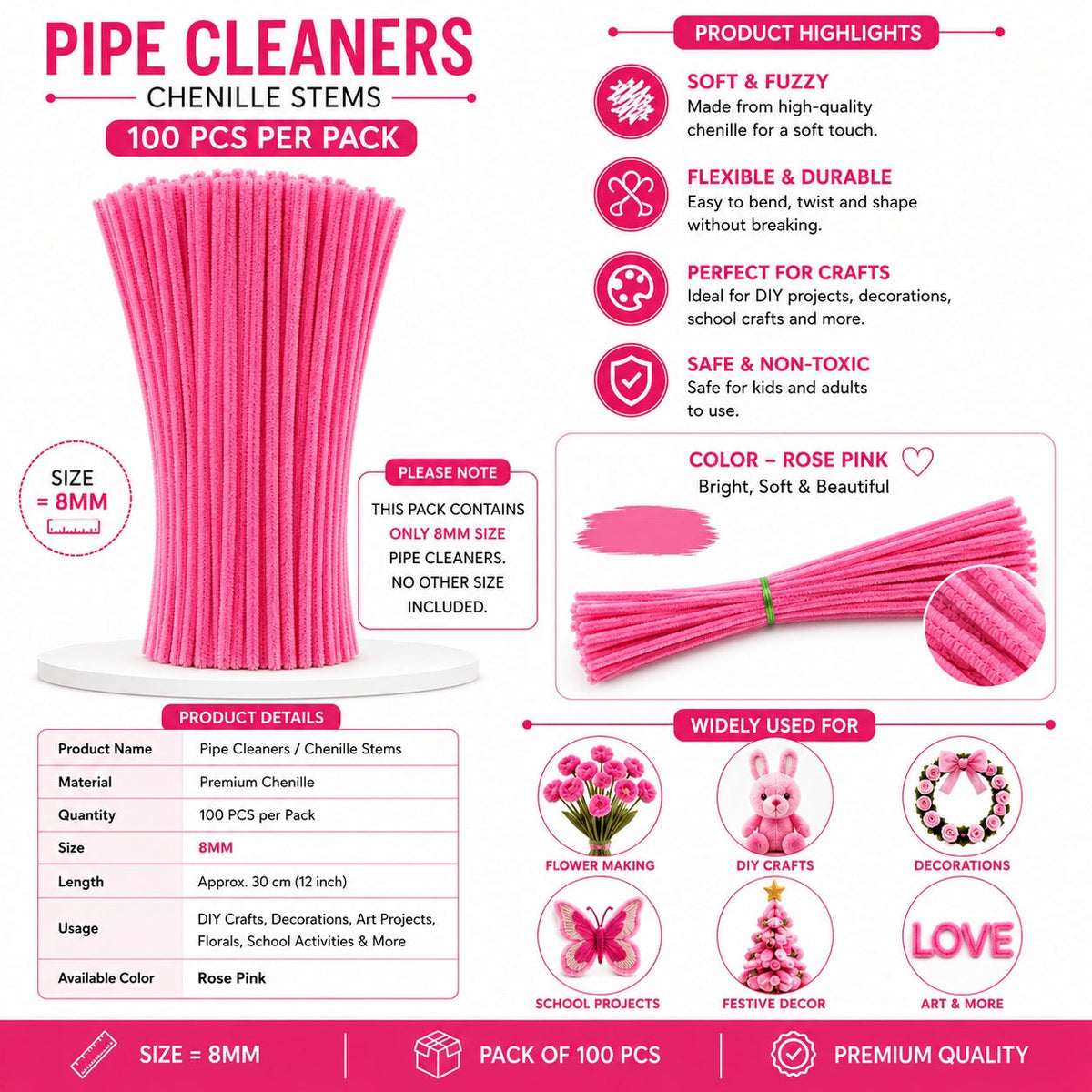 Premium Pipe Cleaners (8MM Approx.) (Rose Pink)