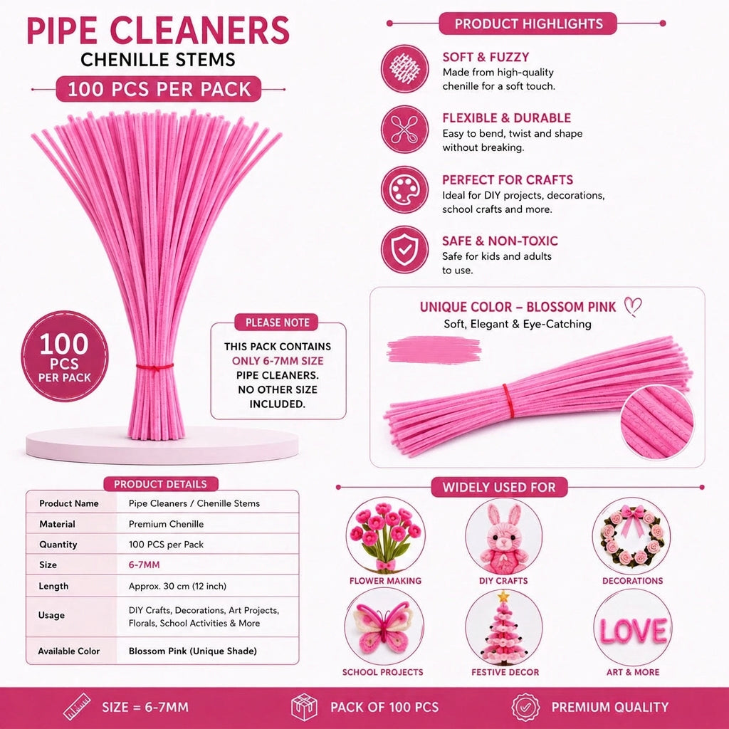 Premium Pipe Cleaners (8MM Approx.) (Blossom Pink)