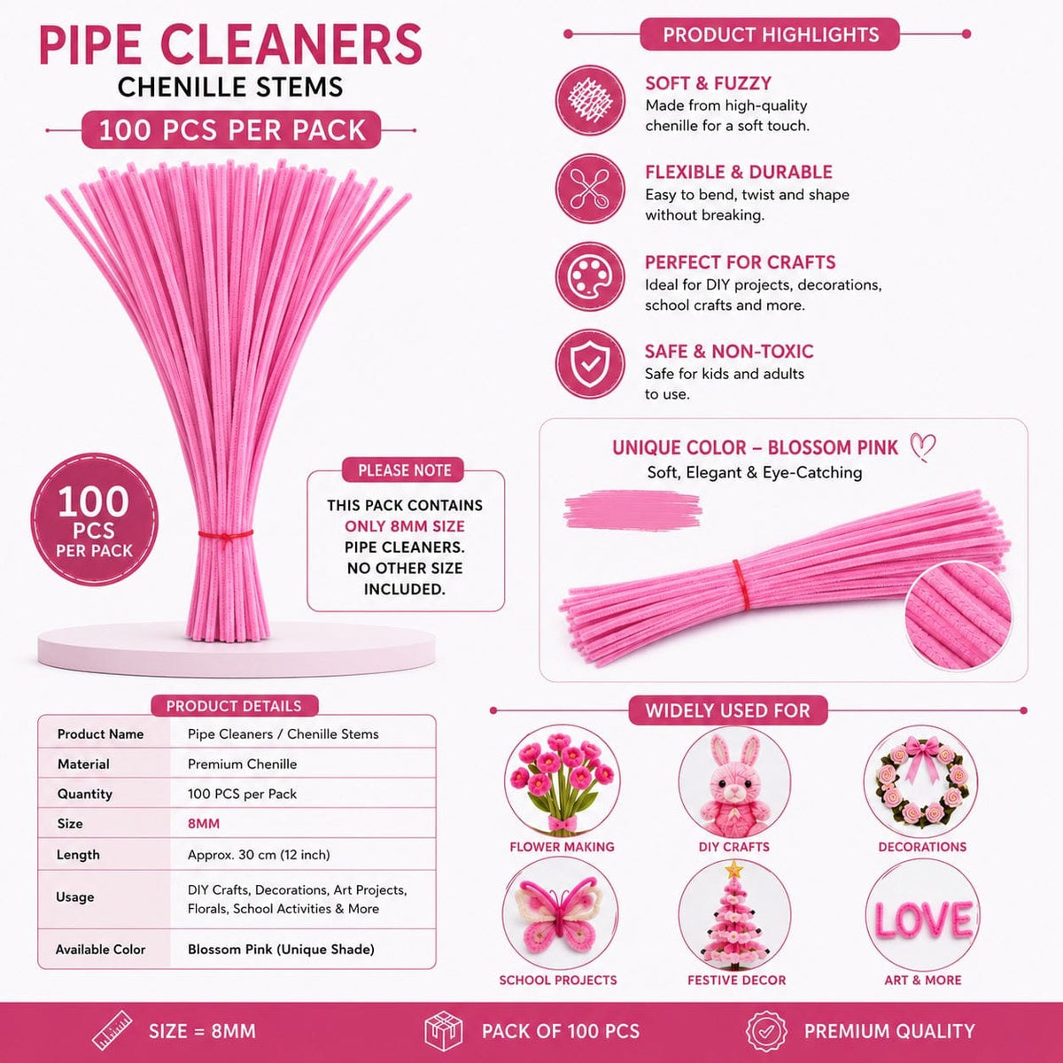 Premium Pipe Cleaners (8MM Approx.) (Blossom Pink)