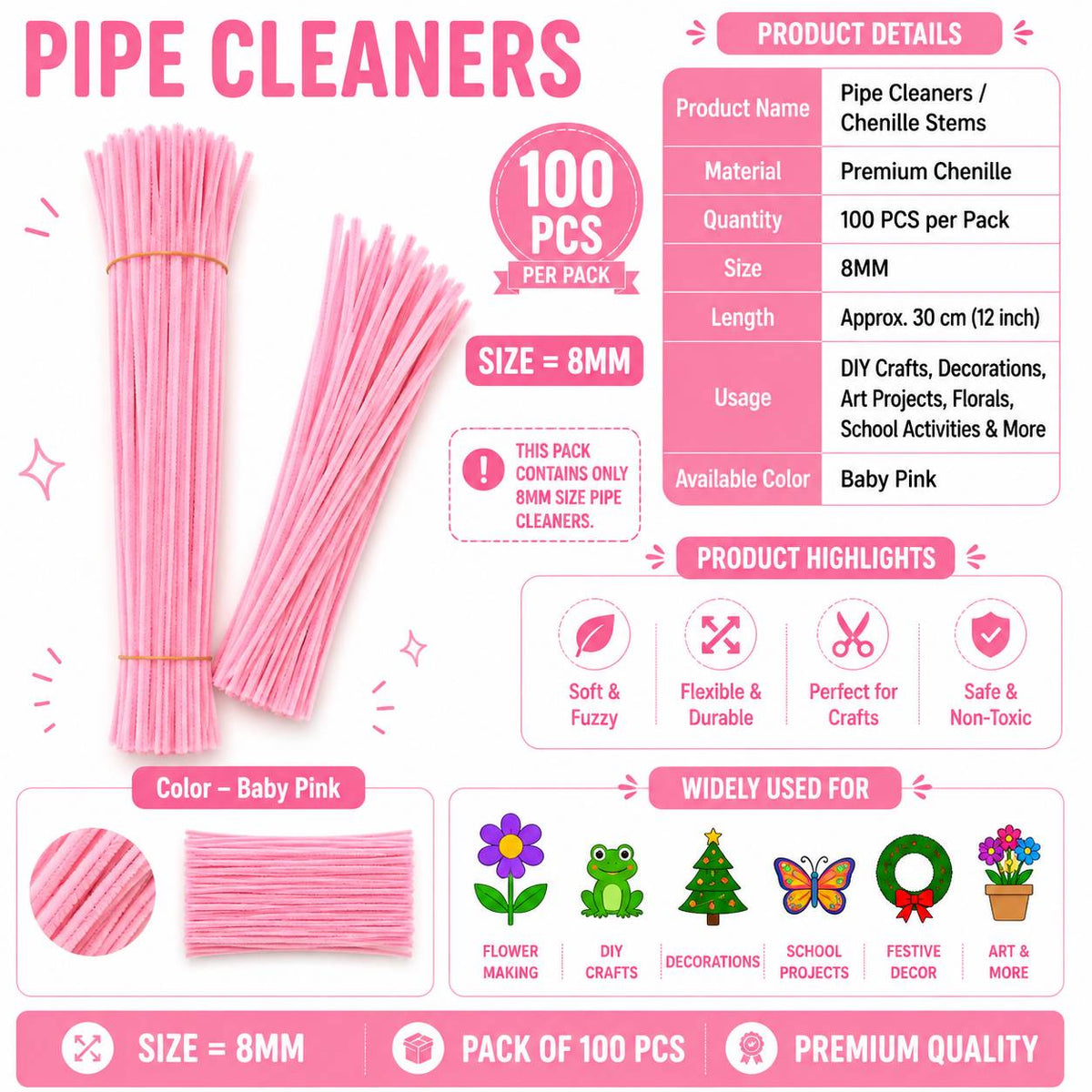 Crafteria Premium Pipe Cleaners (8MM Approx.) (Baby Pink)