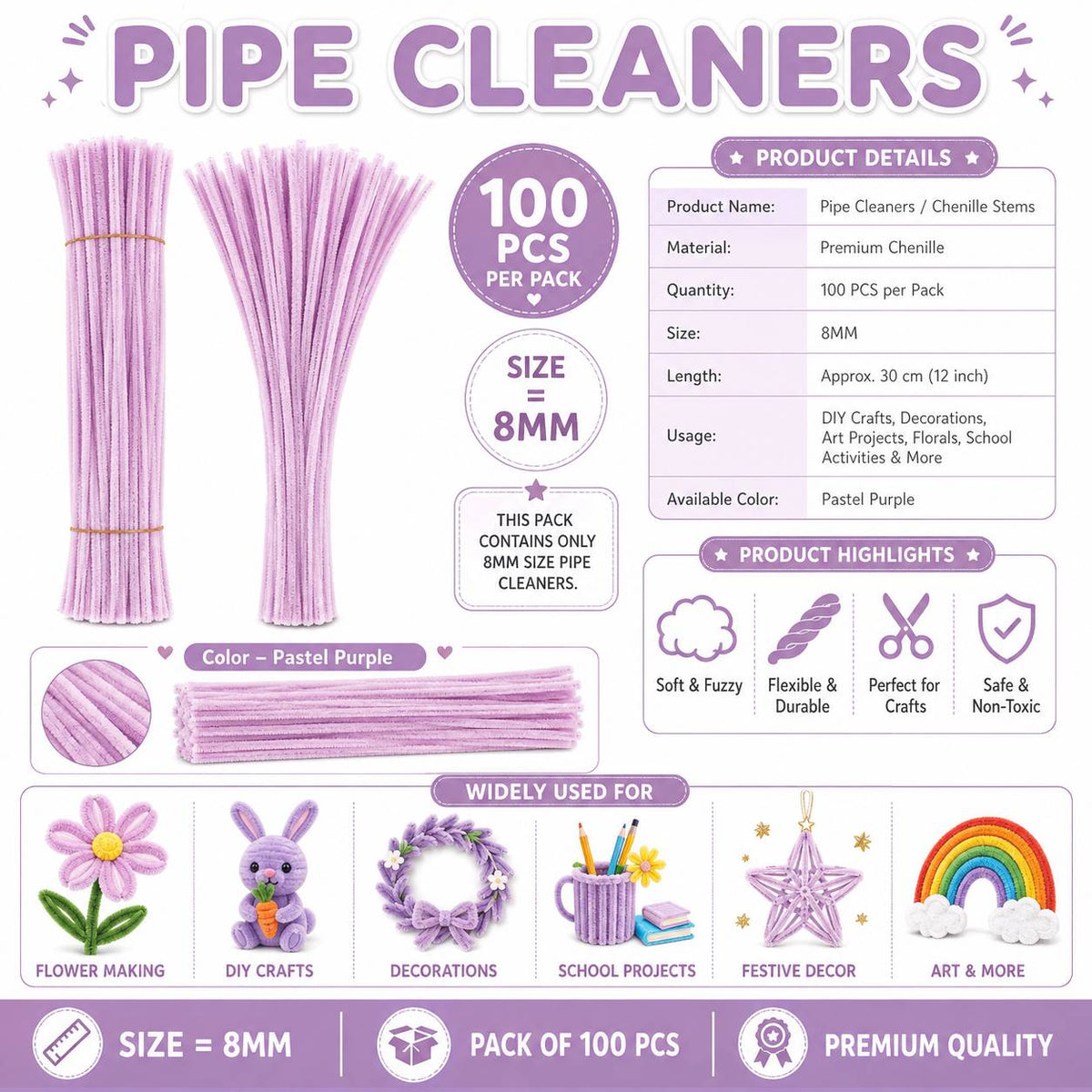 Crafteria Premium Pipe Cleaners (8MM Approx.) (Pastel Purple)