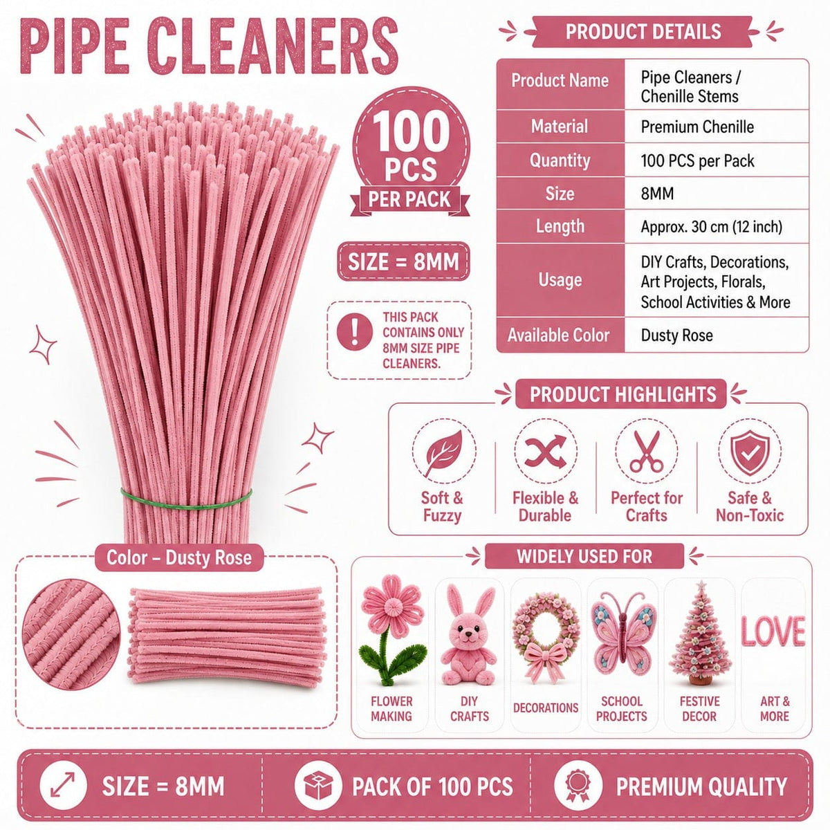 Premium Pipe Cleaners (8MM Approx.) (Dusty Rose)