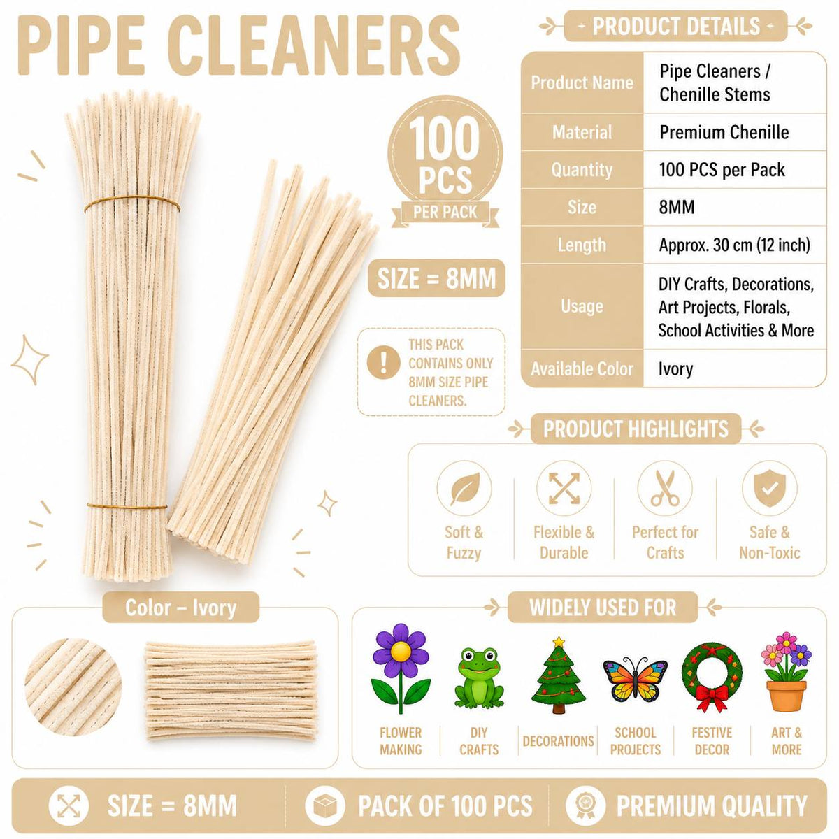Crafteria Premium Pipe Cleaners (8MM Approx.) (Ivory)