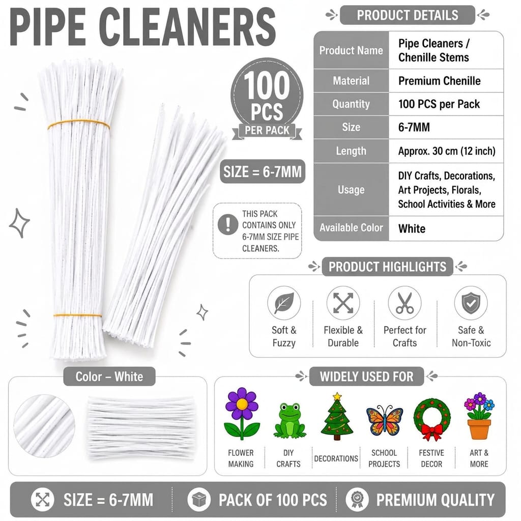 Crafteria Premium Pipe Cleaners (8MM Approx.) (White)