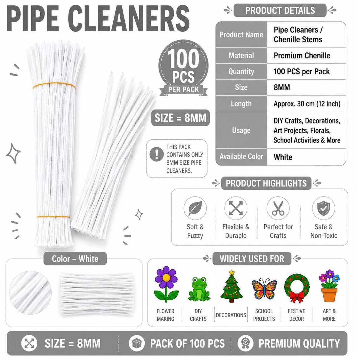 Crafteria Premium Pipe Cleaners (8MM Approx.) (White)