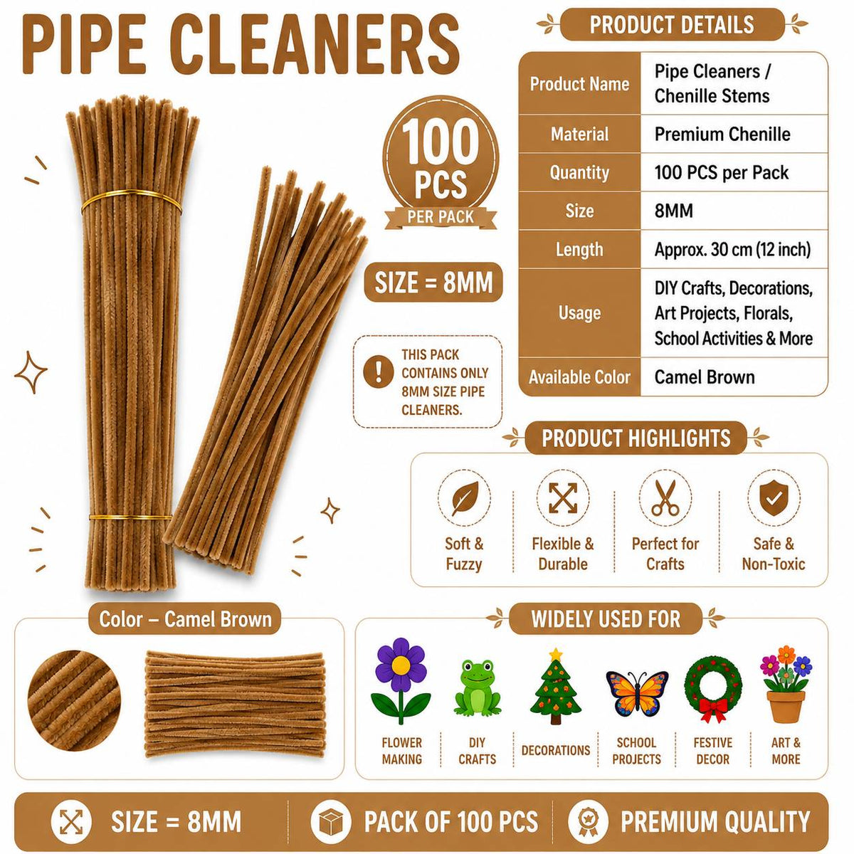 Crafteria Premium Pipe Cleaners (8MM Approx.) (Camel Brown)