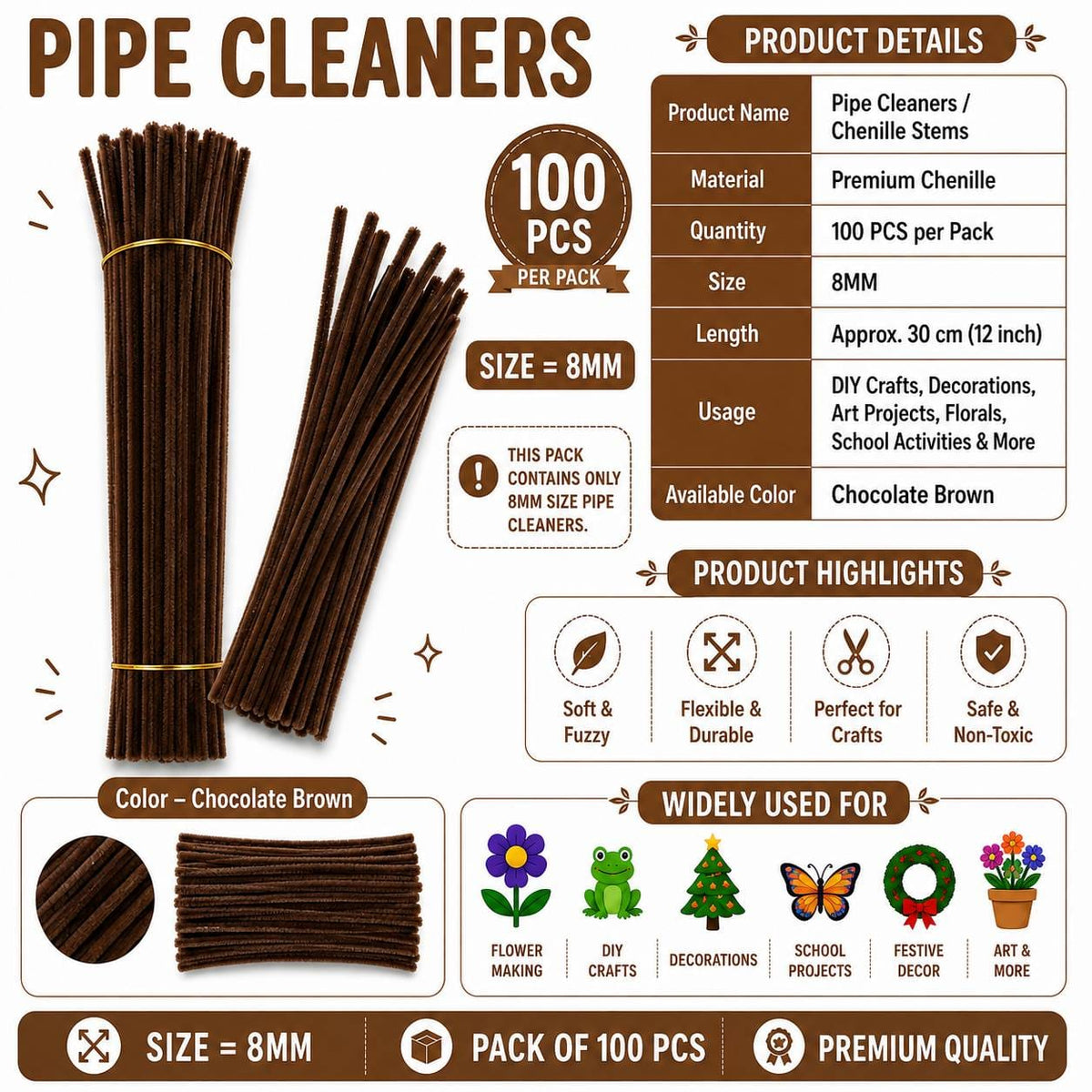 Crafteria Premium Pipe Cleaners (8MM Approx.) (Chocolate Brown)