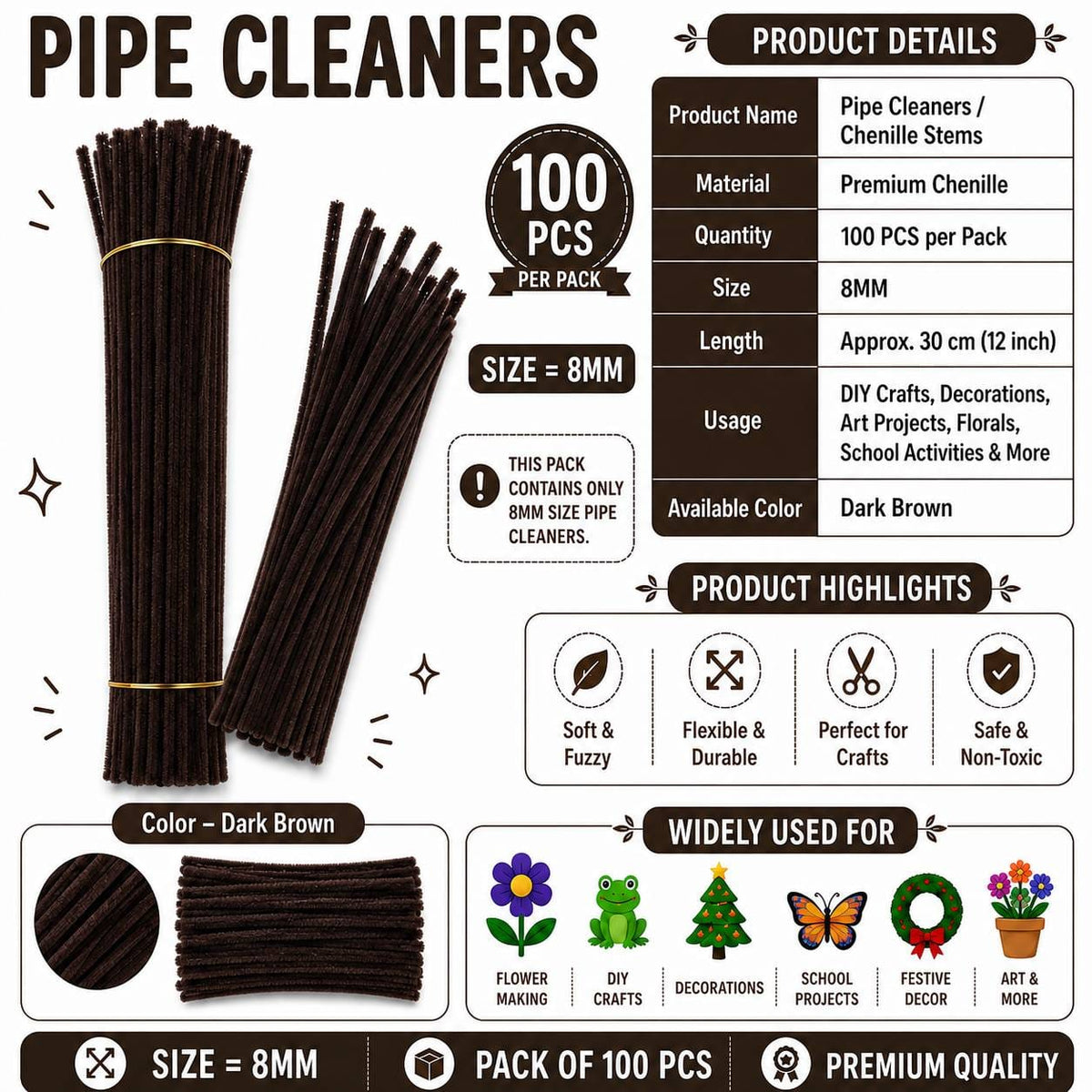 Crafteria Premium Pipe Cleaners (8MM Approx.) (Dark Brown)