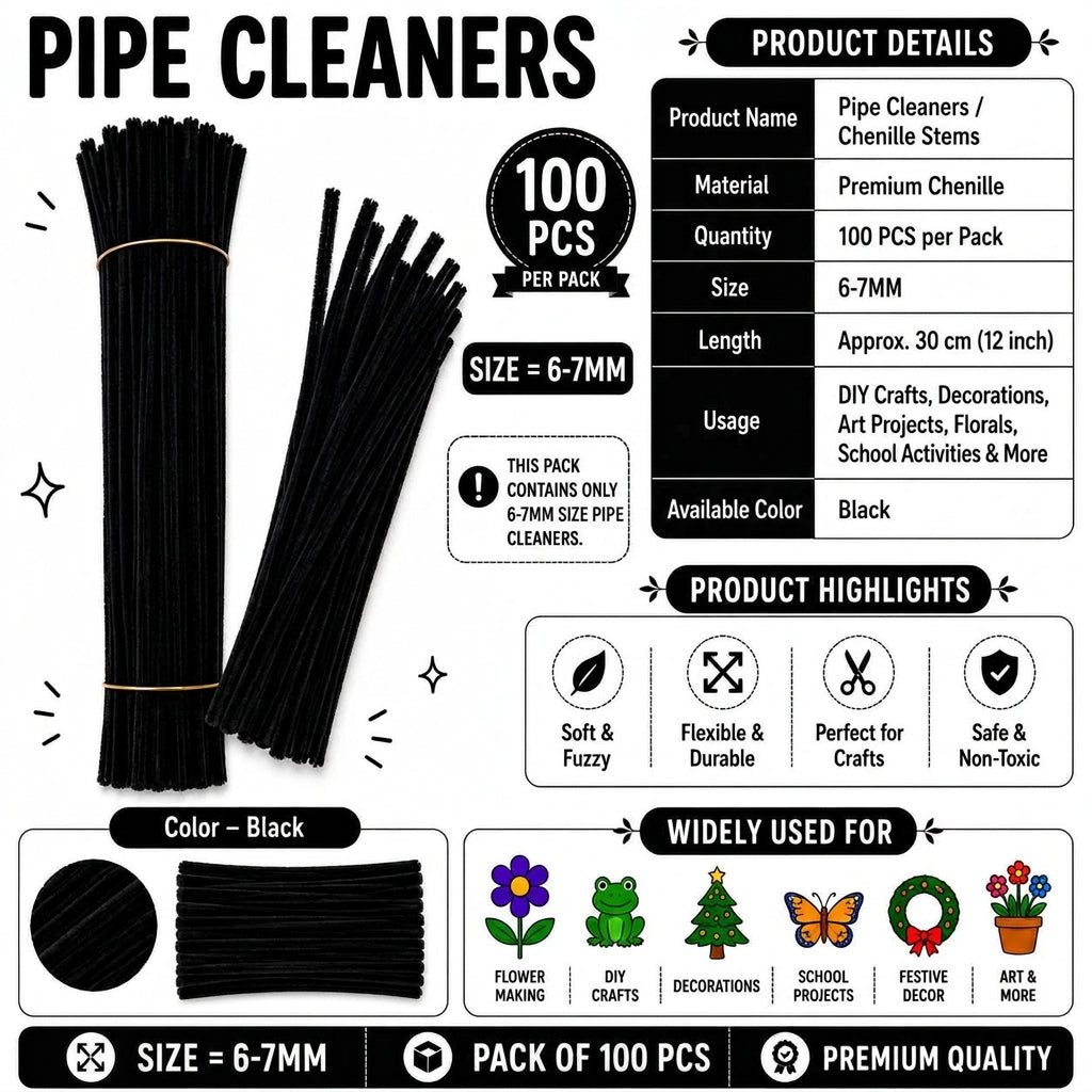 Crafteria Premium Pipe Cleaners (8MM Approx.) (Black)