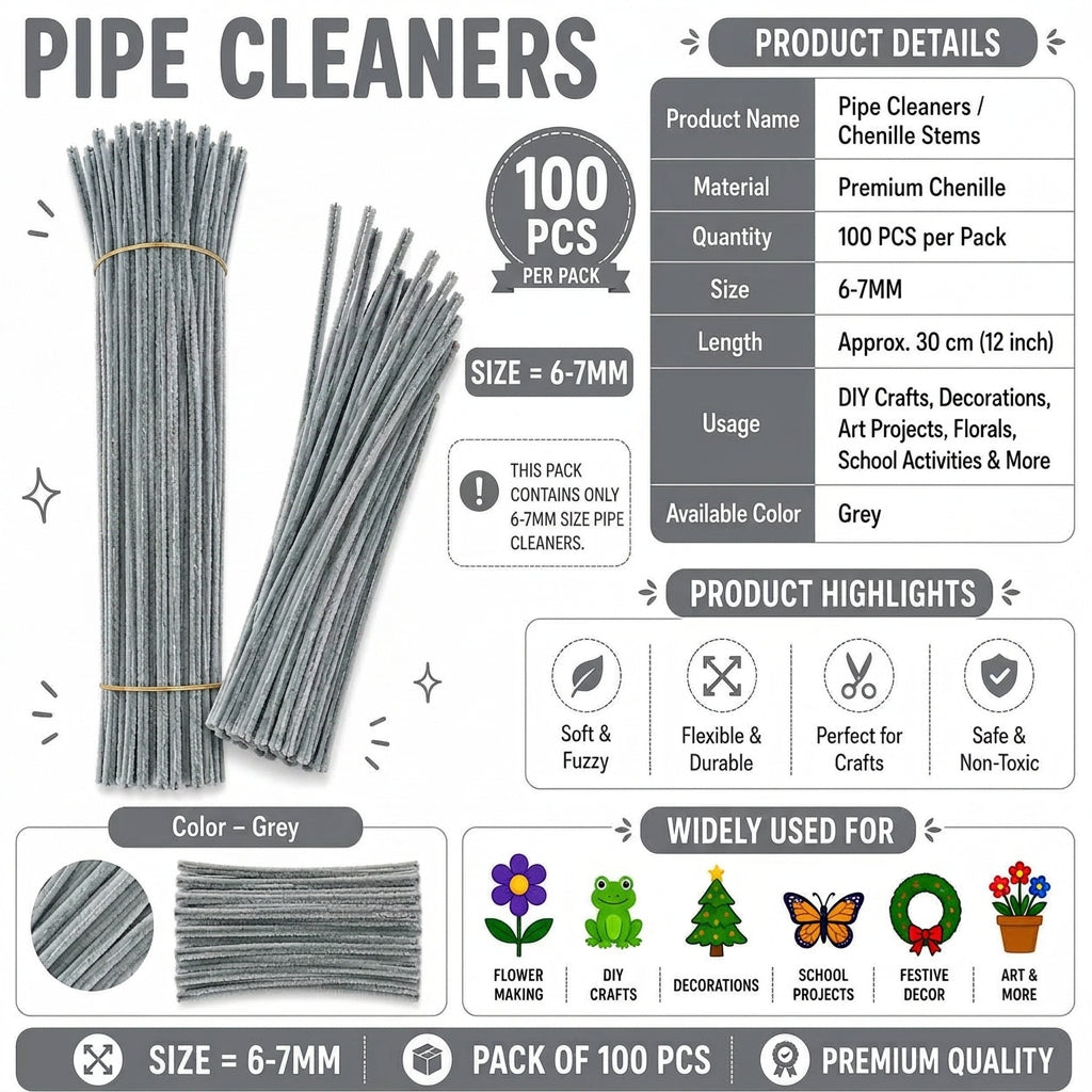 Crafteria Premium Pipe Cleaners (8MM Approx.) (Grey)