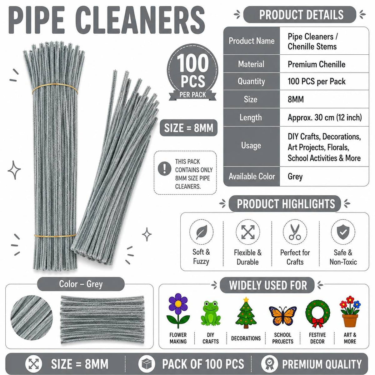 Crafteria Premium Pipe Cleaners (8MM Approx.) (Grey)