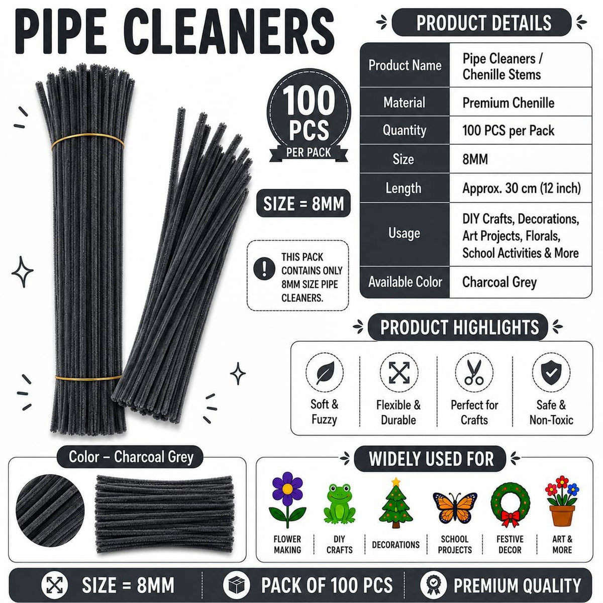 Crafteria Premium Pipe Cleaners (8MM Approx.) (Charcoal Grey)
