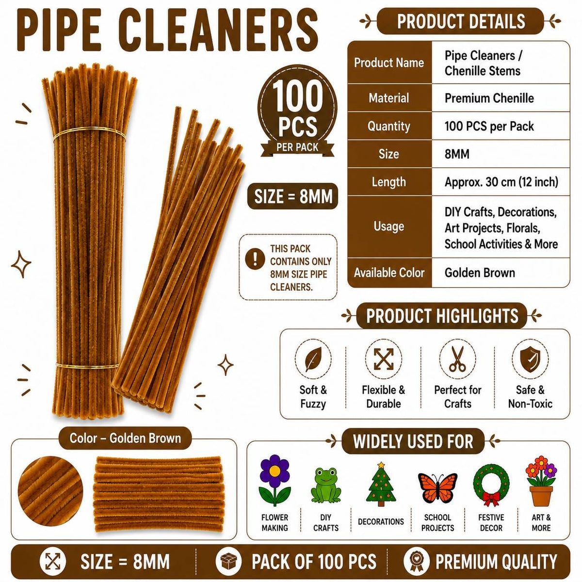Crafteria Premium Pipe Cleaners (8MM Approx.) (Golden Brown)