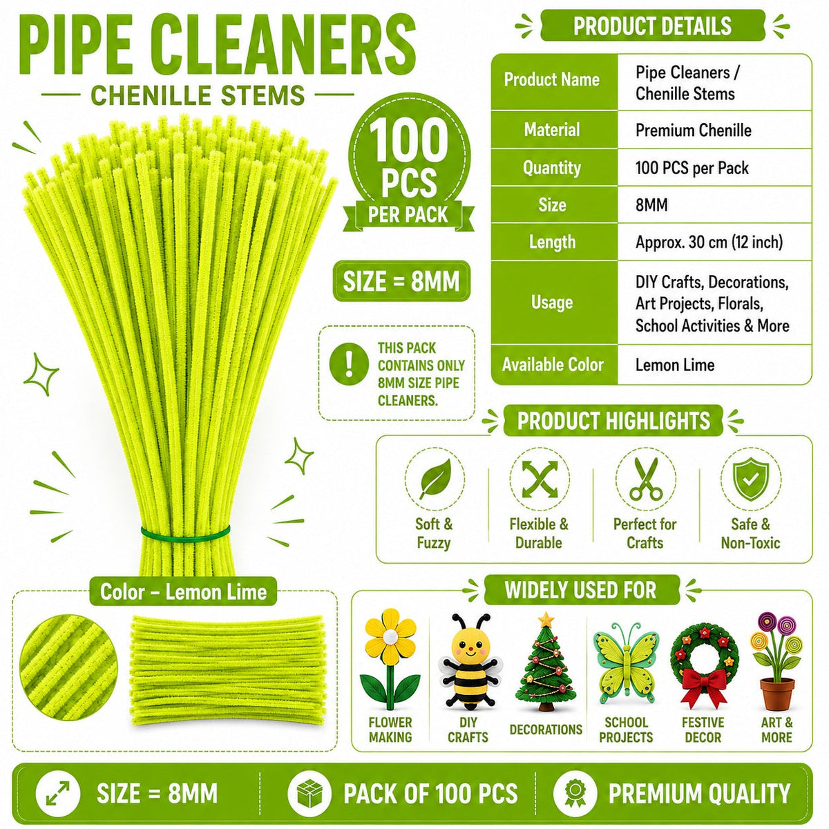 Premium Pipe Cleaners (8MM Approx.) (Lemon Lime)