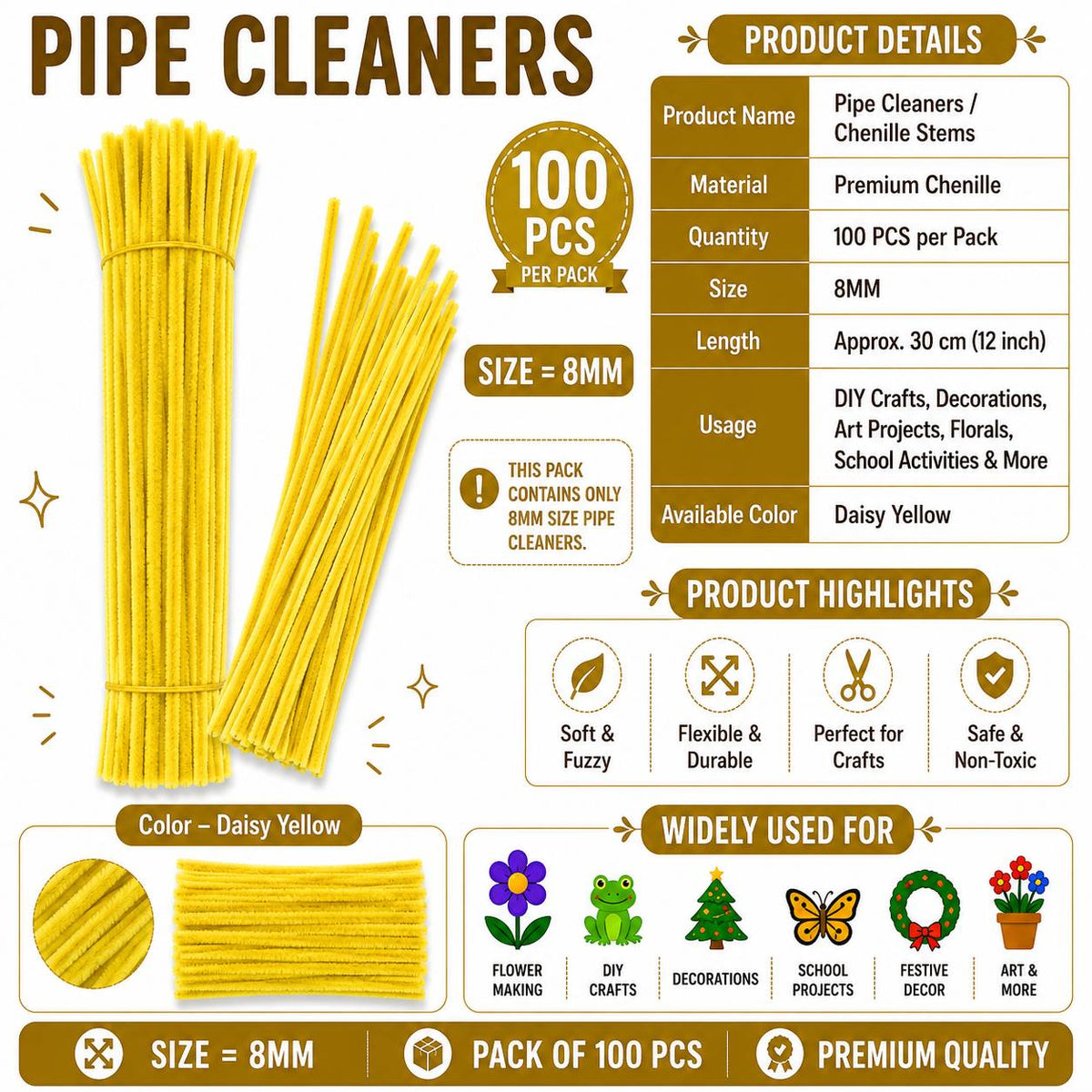 Crafteria Premium Pipe Cleaners (8MM Approx.) (Daisy Yellow)