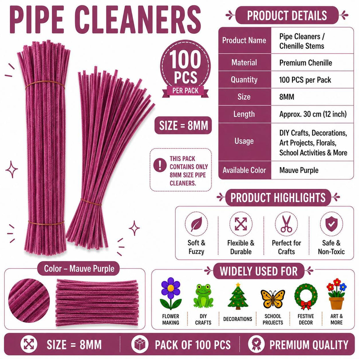 Crafteria Premium Pipe Cleaners (8MM Approx.) (Mauve Purple)