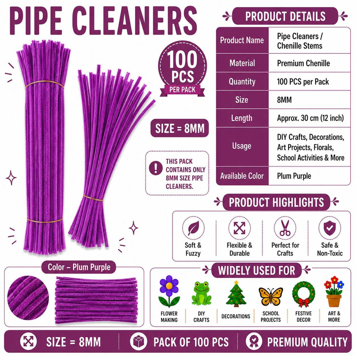 Crafteria Premium Pipe Cleaners (8MM Approx.) (Plum Purple)