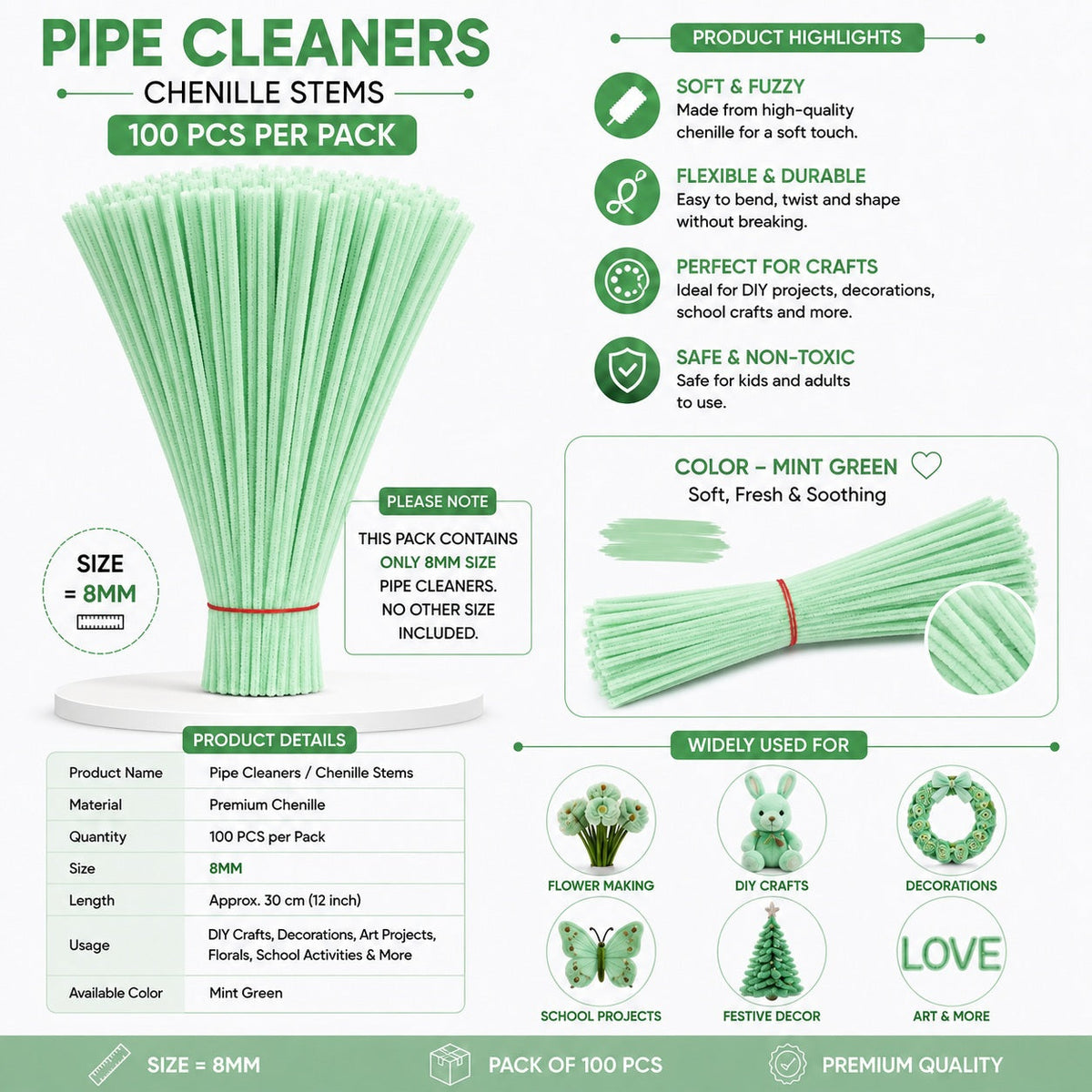 Premium Pipe Cleaners (8MM Approx.) (Mint Green)