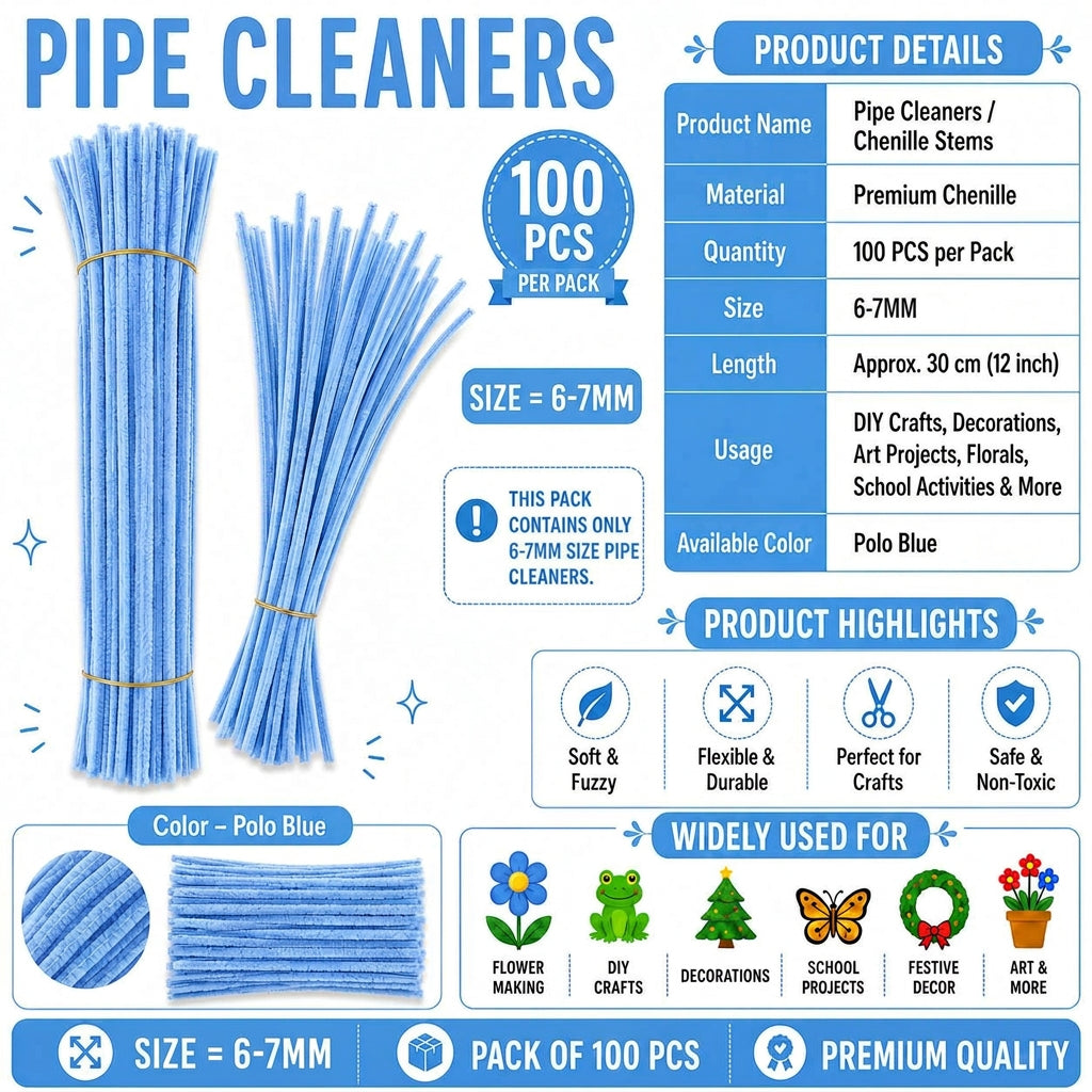 Crafteria Premium Pipe Cleaners (8MM Approx.) (Polo Blue)