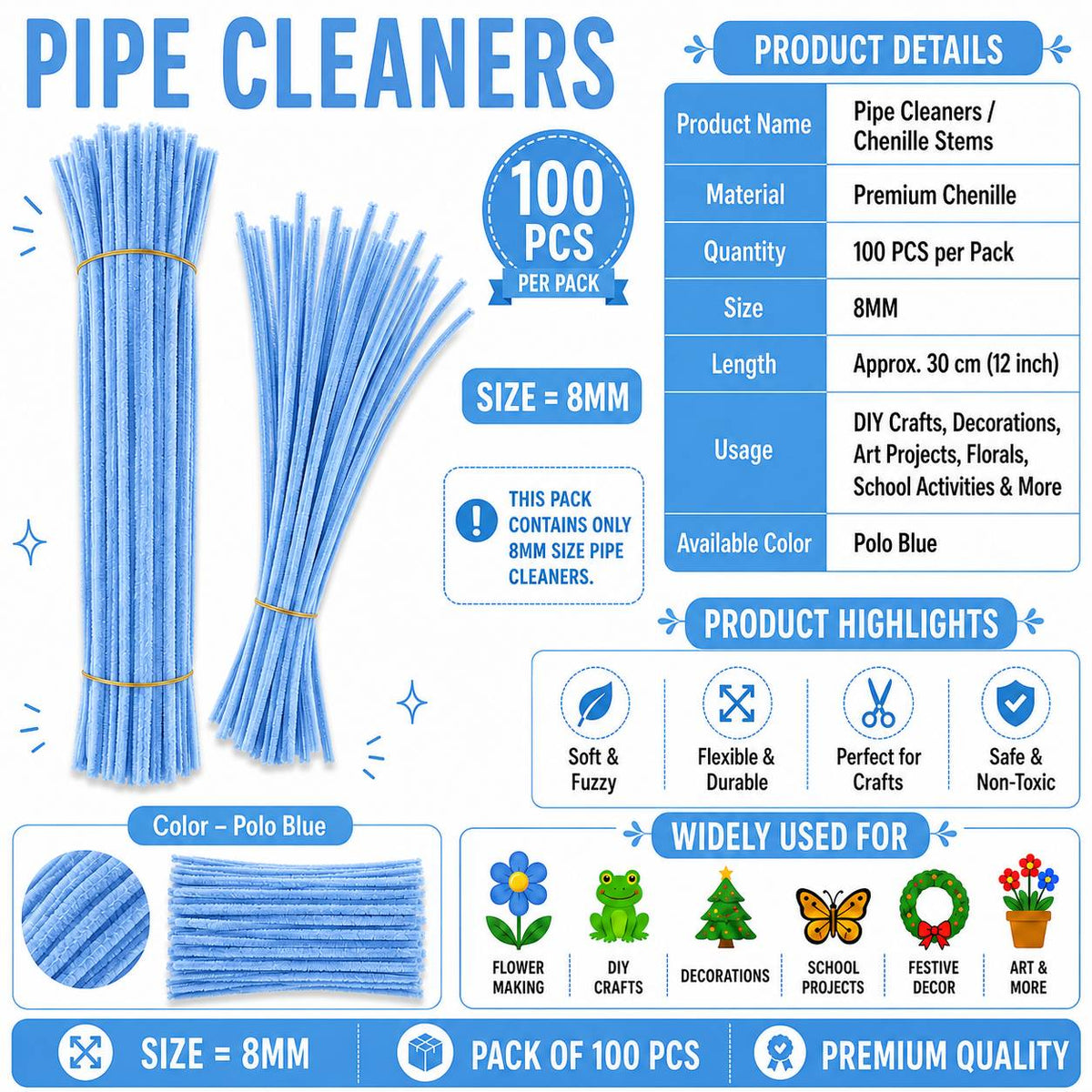 Crafteria Premium Pipe Cleaners (8MM Approx.) (Polo Blue)