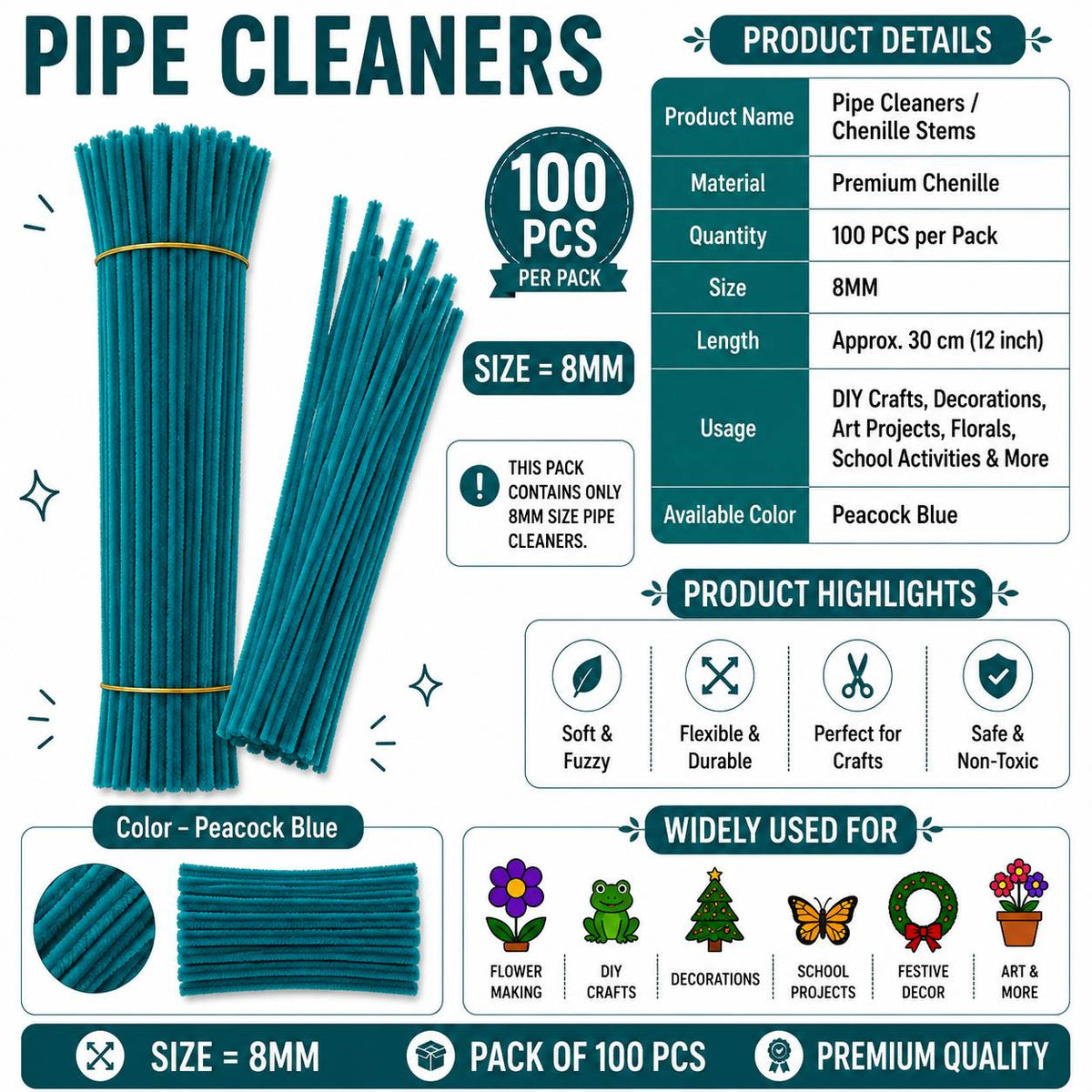Crafteria Premium Pipe Cleaners (8MM Approx.) (Peacock Blue)