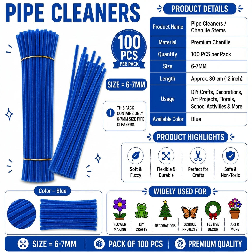 Crafteria Premium Pipe Cleaners (8MM Approx.) (Blue)