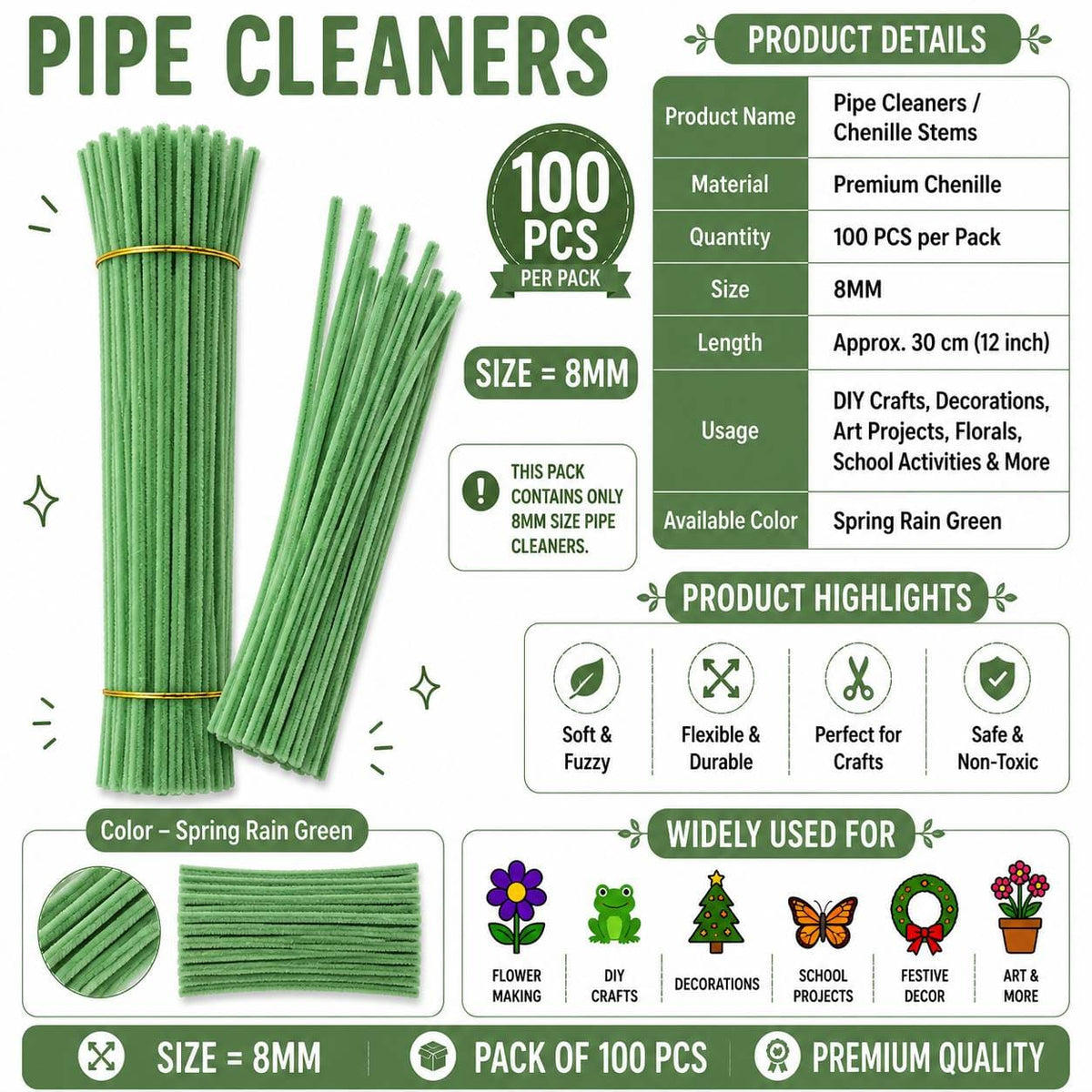 Crafteria Premium Pipe Cleaners (8MM Approx.) (Spring Rain Green)
