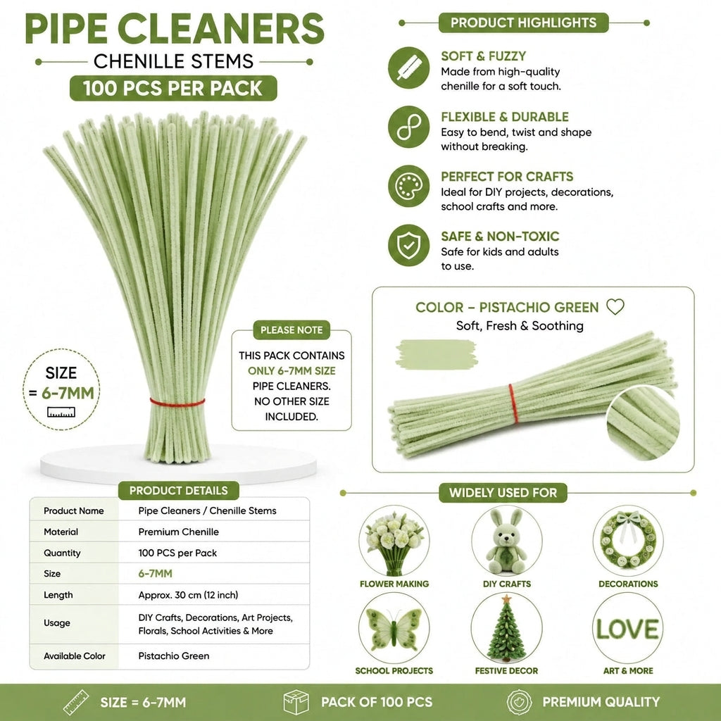 Crafteria Pistachio Green Premium Pipe Cleaners (8MM Approx.)
