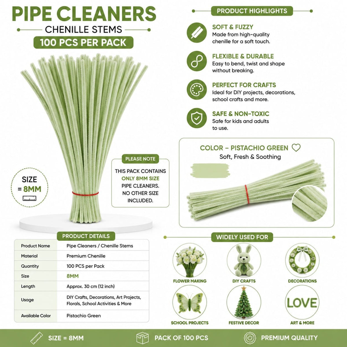 Crafteria Pistachio Green Premium Pipe Cleaners (8MM Approx.)