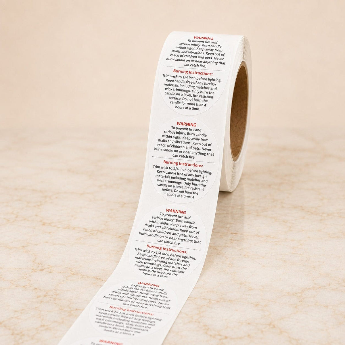 GENERIC Round Candle Warning & Burning Instructions Sticker Roll – White