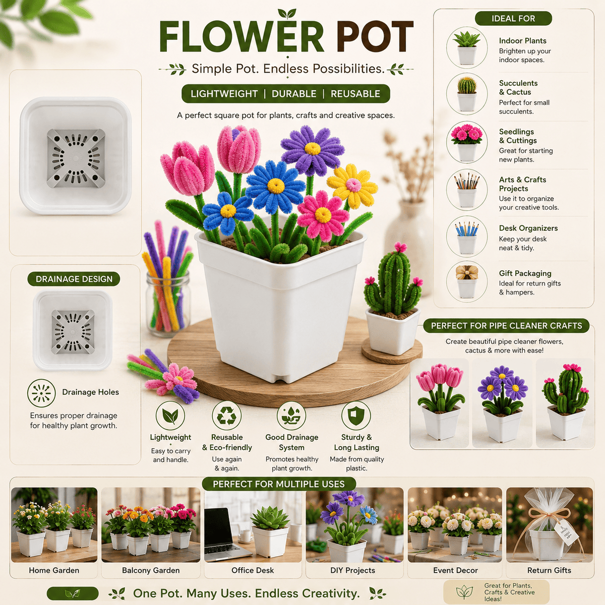 GENERIC Square Plastic Flower Pot With Drainage Holes – 7.7 × 6.5 × 7 CM – Pack of 5