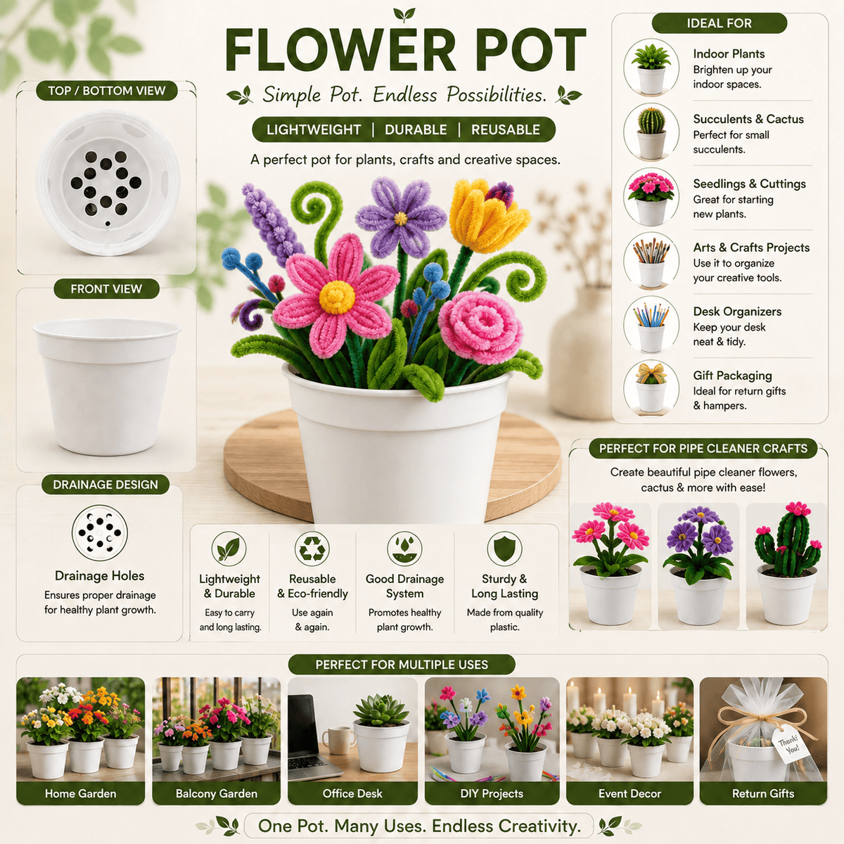GENERIC Round Plastic Flower Pot With Drainage Holes – 5.5 CM × 6.5 CM – Pack of 5