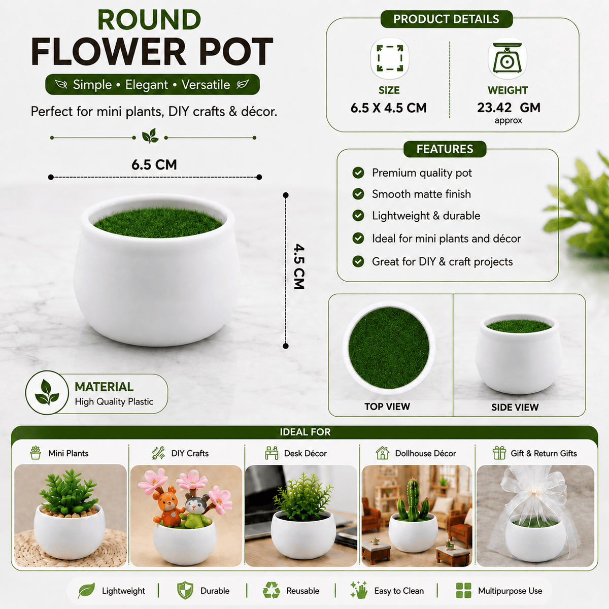 GENERIC Mini Round Flower Pot with Artificial Grass – 6.5 × 4.5 CM