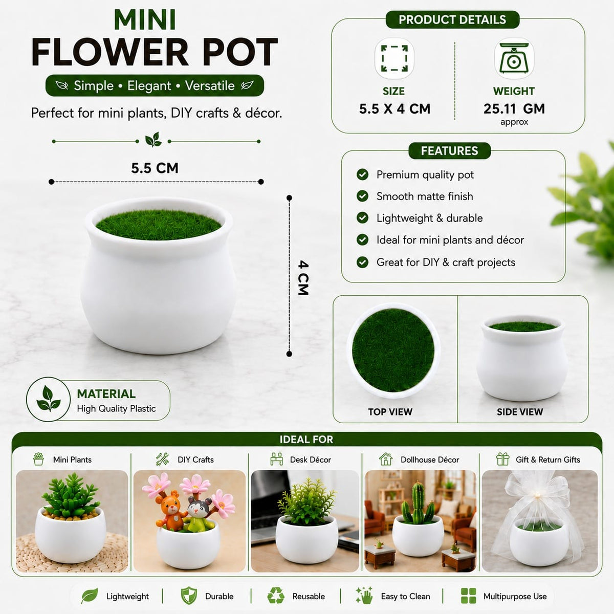 GENERIC Mini White Flower Pot with Artificial Grass – 5.5 × 4 CM