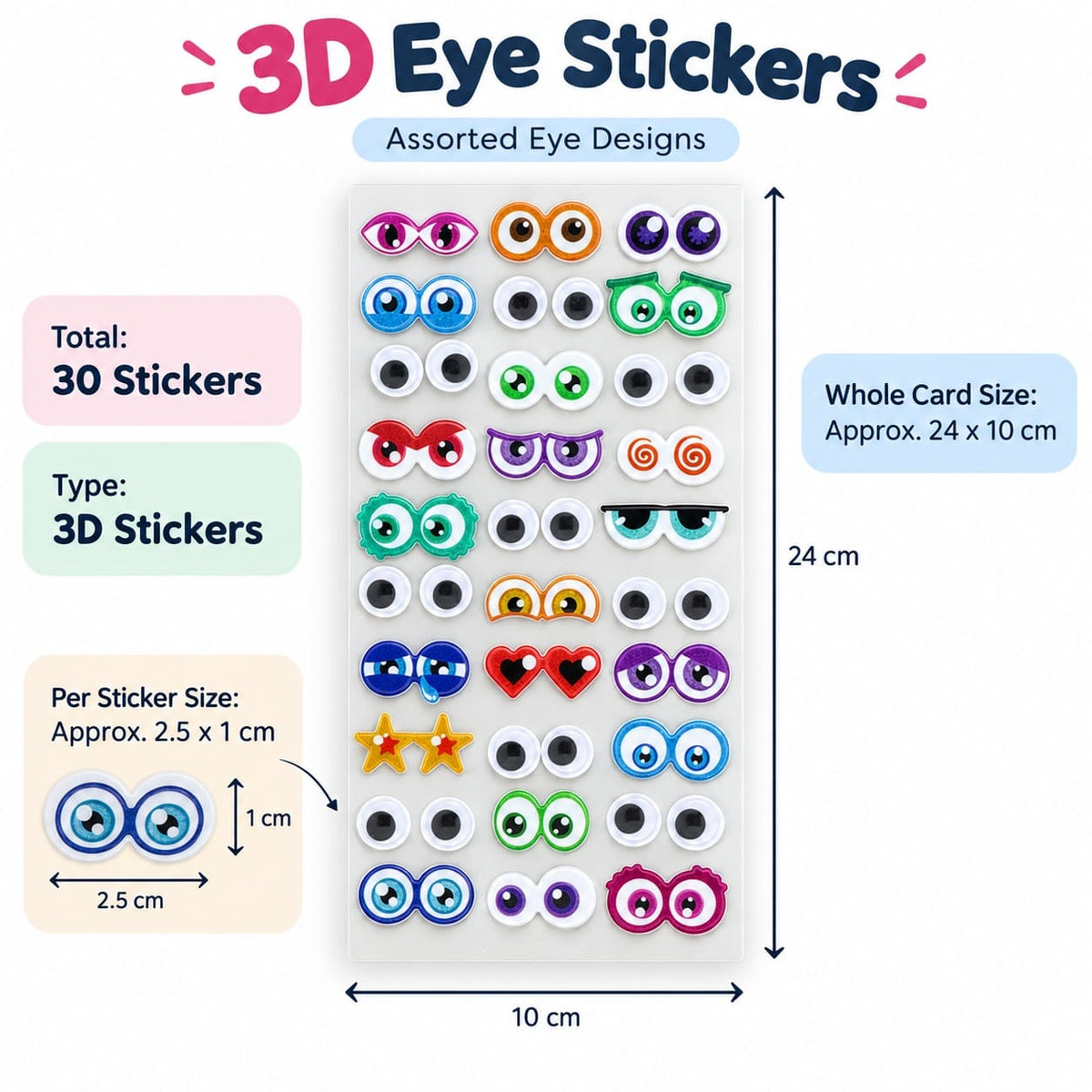 3D Eye Stickers – Assorted Multicolour Designs | 30 Sticker Piece 35021