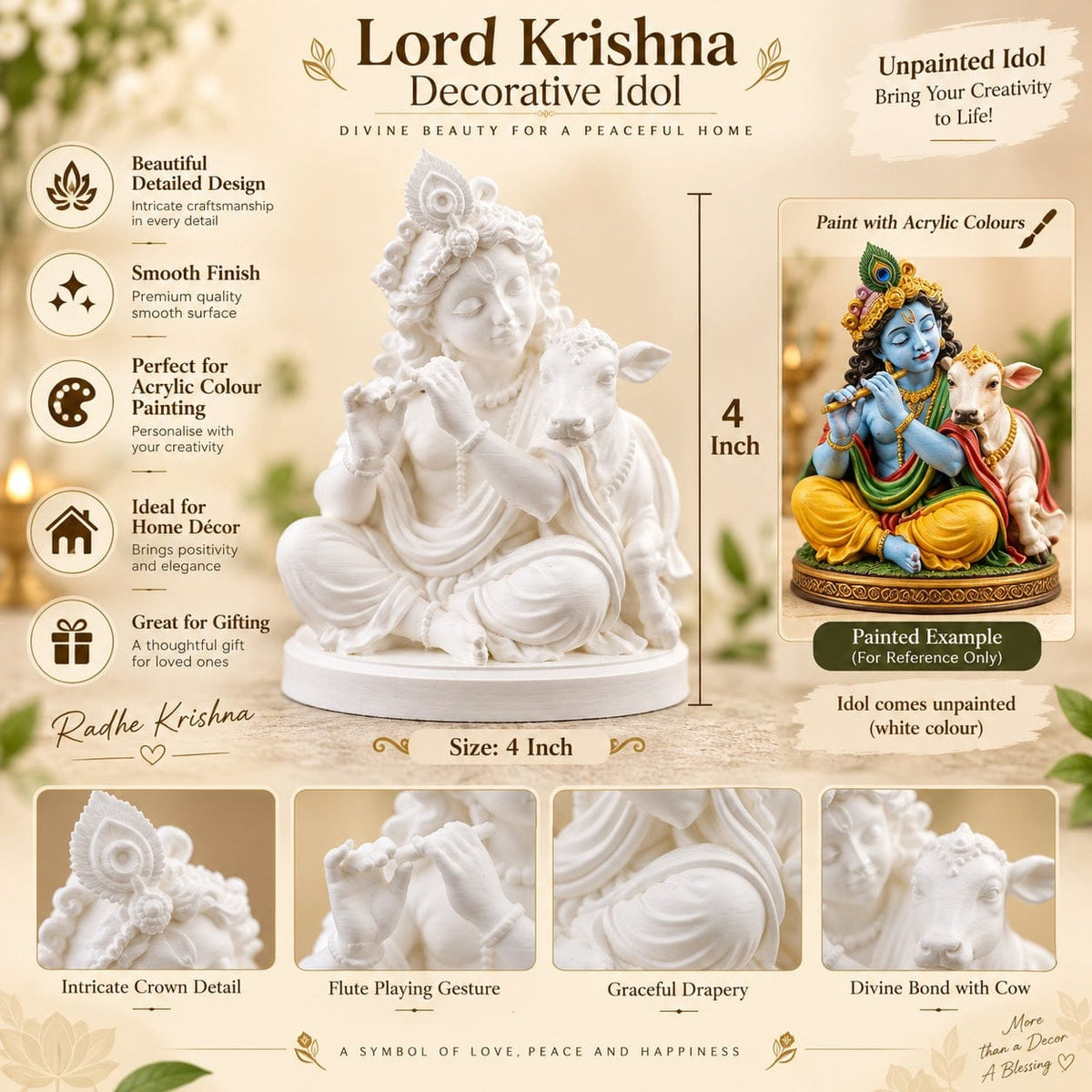 4 Inch Lord Krishna with Cow Decorative Idol – White Paintable Statue with Flute | Acrylic Colour Art, Home Décor & Gifting