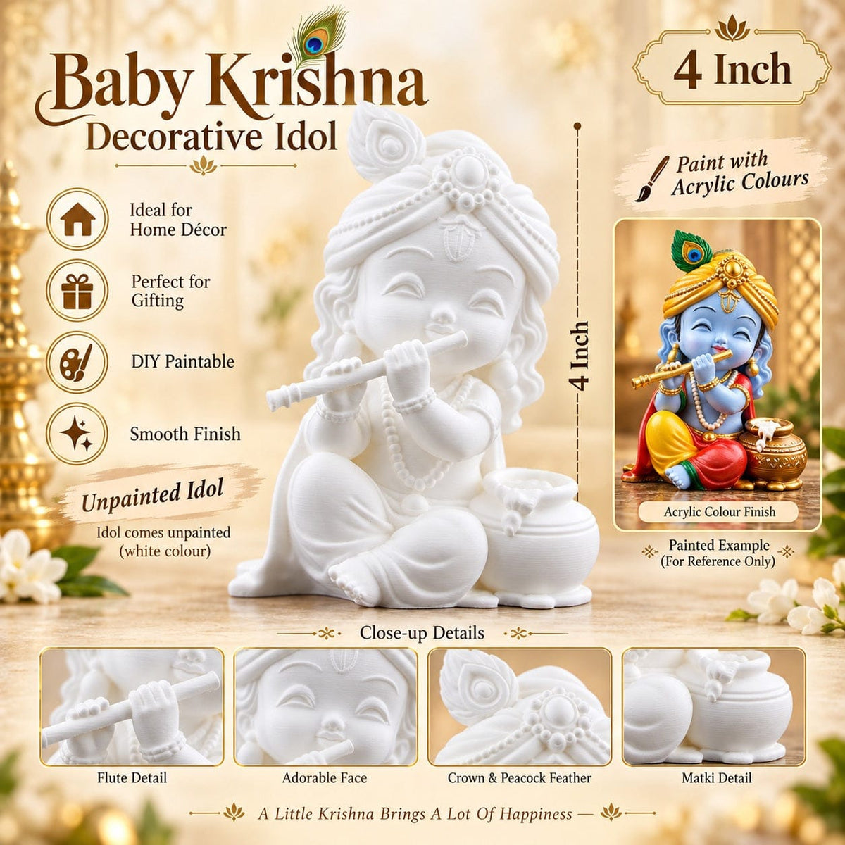 4 Inch Baby Krishna Decorative Idol with Flute & Matki – White Paintable Idol for Acrylic Colour Art, Home Décor & Gifting