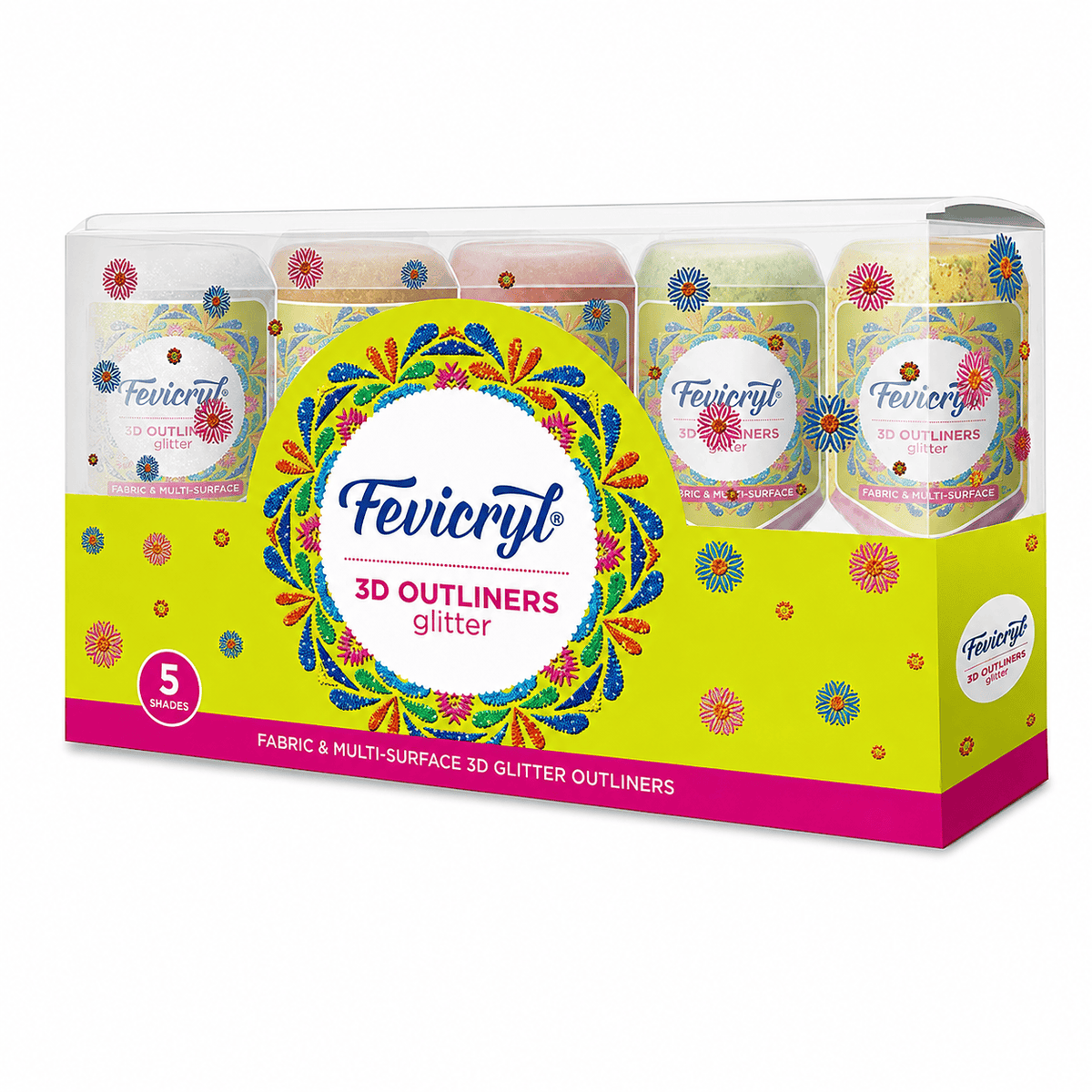 Pidilite Fevicryl 3D Glitter Outliners for Fabric & Multi-Surface Crafts – Set of 5 Shades