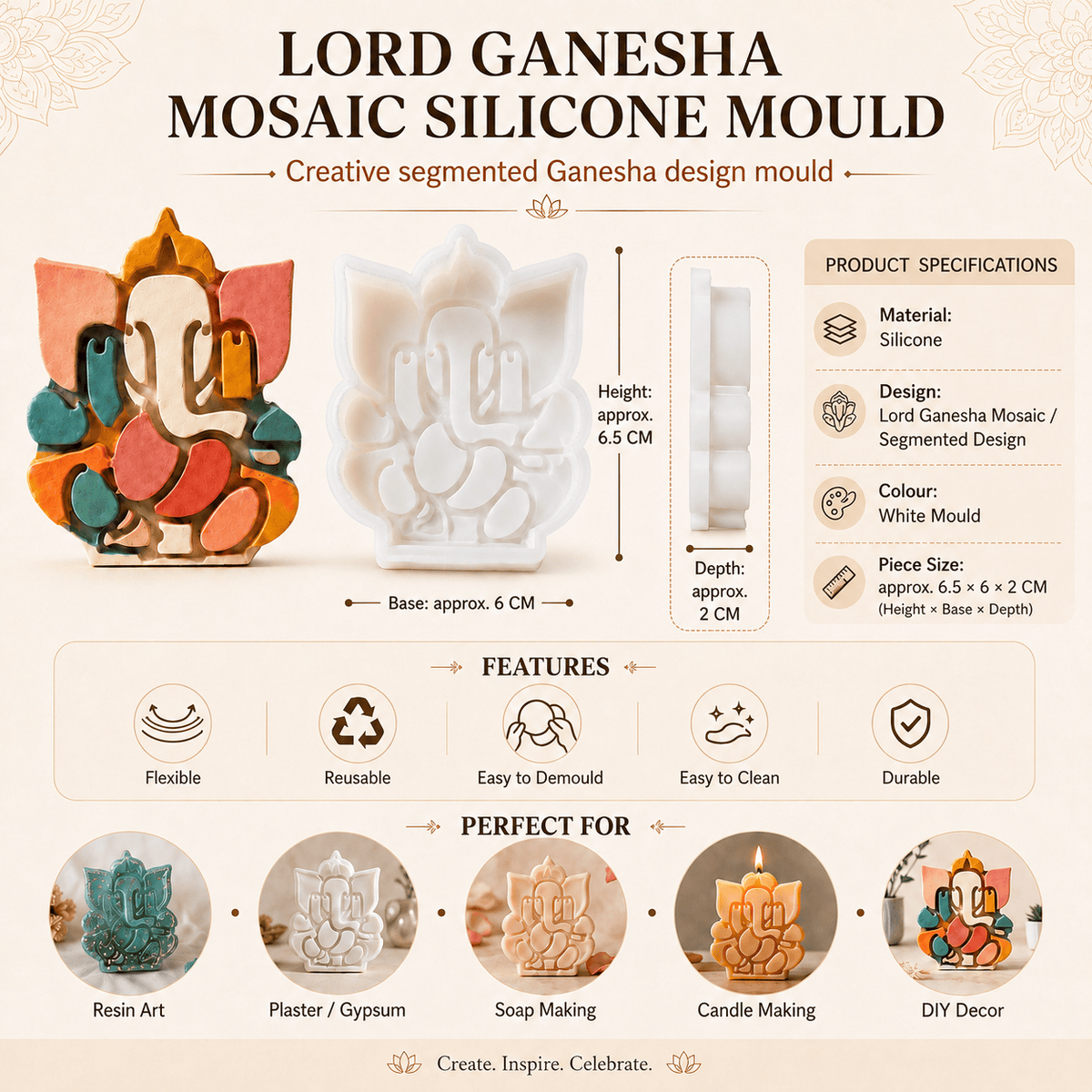 generic Ganesha Mosaic Silicone Mould – Approx. 6.5 × 6 × 2 CM