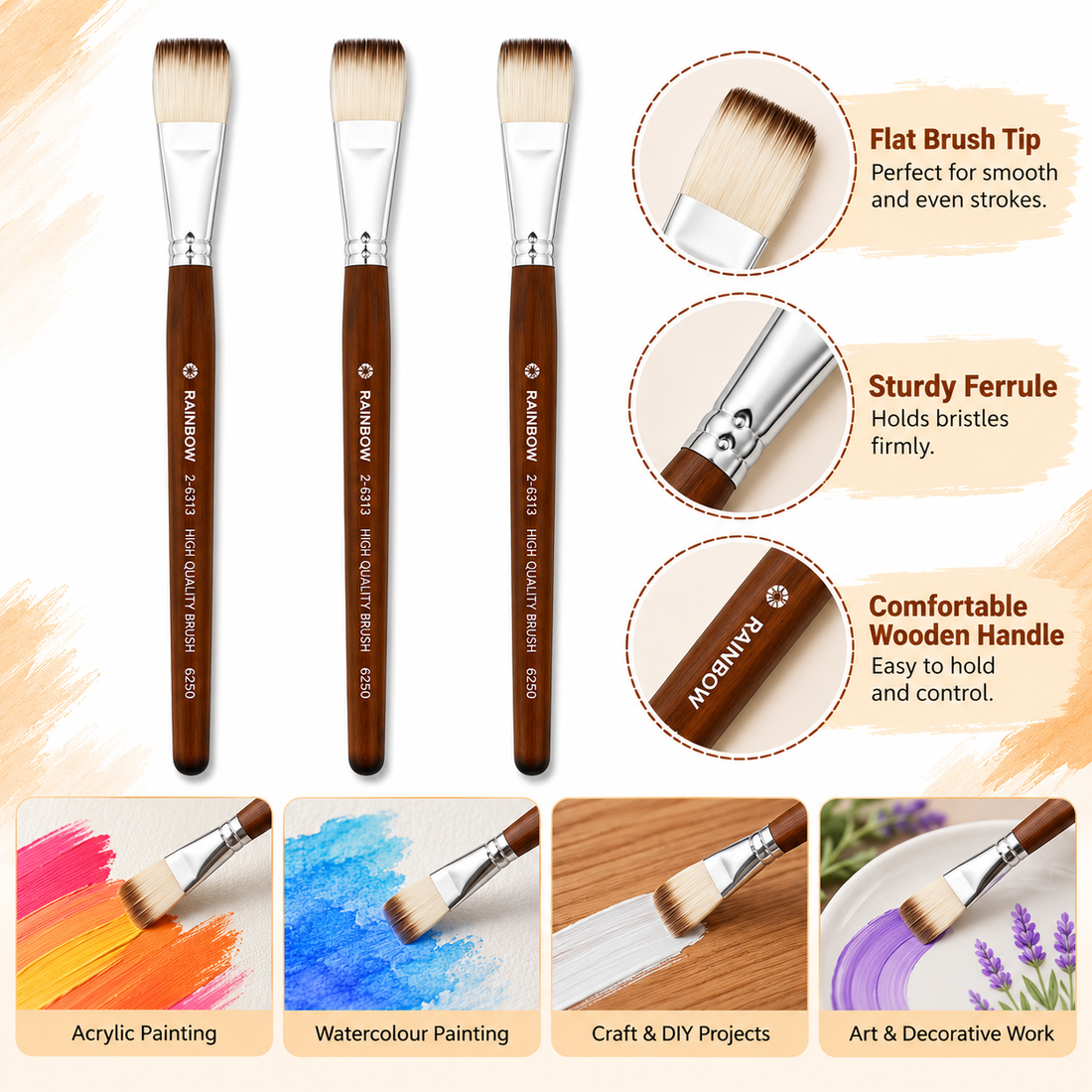 No. 11 Flat Synthetic Hair Paint Brush – Pack Of 3 Pieces SR30211