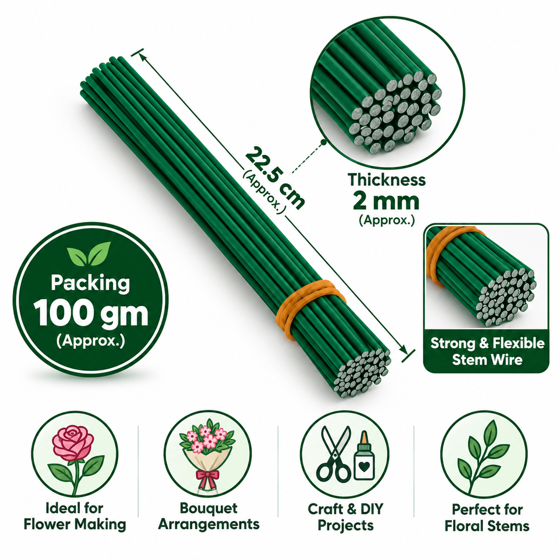 Green Floral Stem Wire for Flower Making & DIY Crafts – 22.5cm × 2mm (100g Pack)