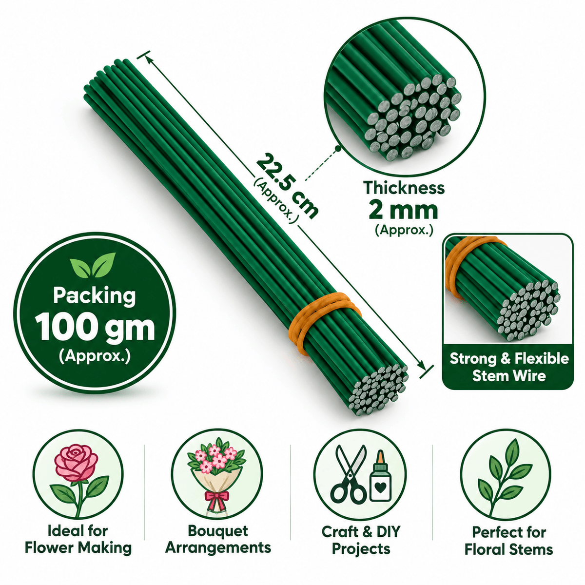 Green Floral Stem Wire for Flower Making & DIY Crafts – 22.5cm × 2mm (100g Pack)