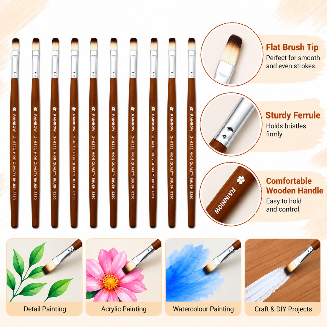 No. 2 Flat Synthetic Hair Paint Brush – Pack Of 10 Pieces SR30202