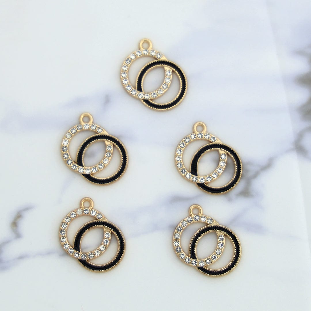 Crafteria BEZELS Gold 5Pcs Interlinked Round Charm Bezels With Black Enamel.
