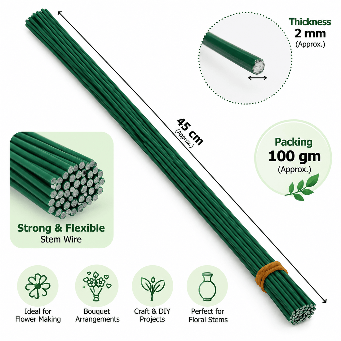 Green Floral Stem Wire 2MM × 45CM (Approx.) for DIY Flower Making, Bouquets & Craft Projects – 100 GM