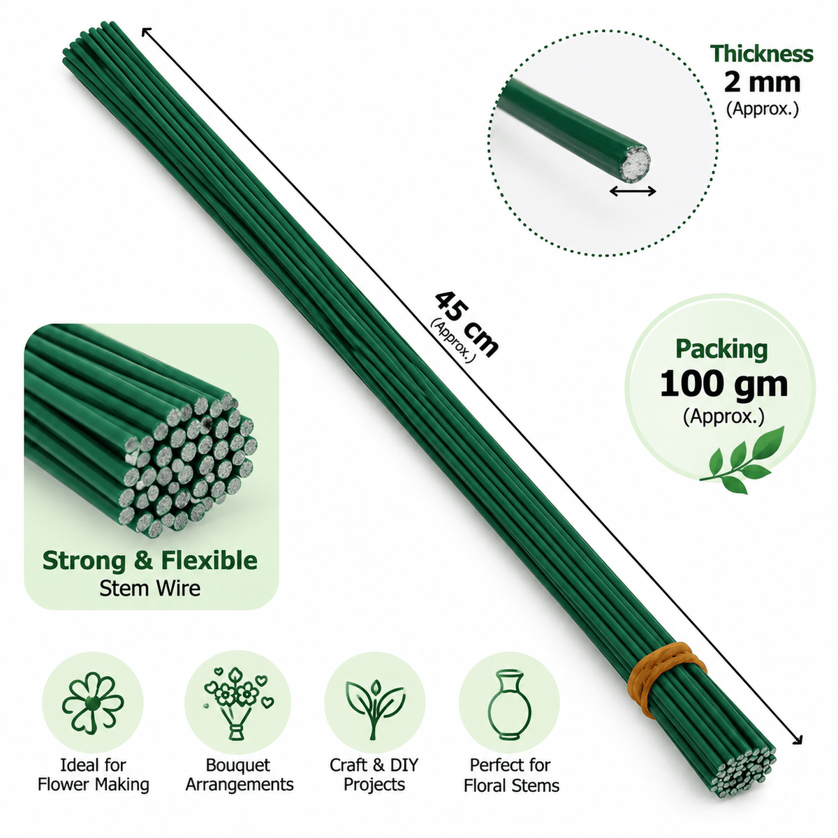 Green Floral Stem Wire 2MM × 45CM (Approx.) for DIY Flower Making, Bouquets & Craft Projects – 100 GM