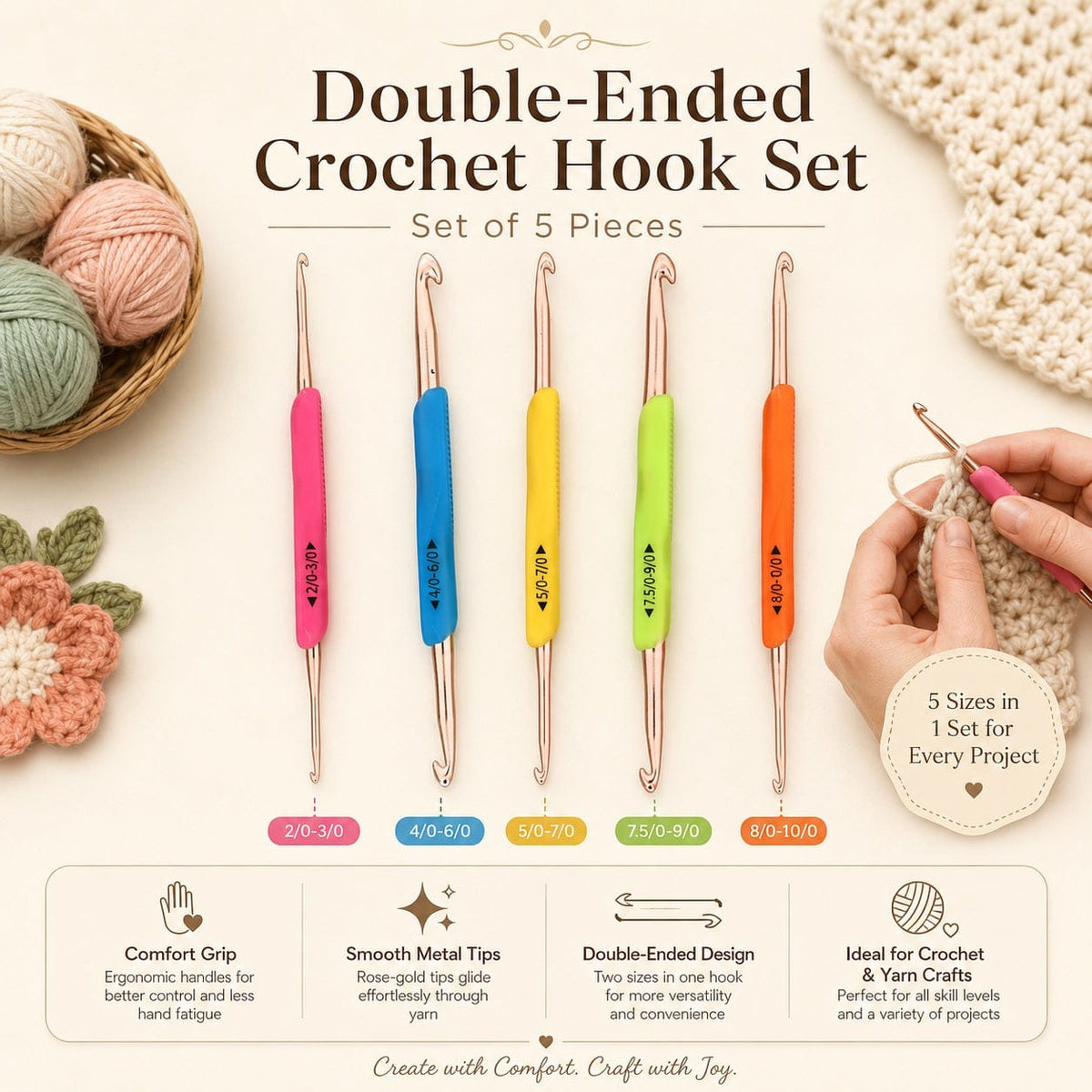 Double-ended Crochet Hook Set With Ergonomic Grip Handle – Set Of 5 Pieces CH025